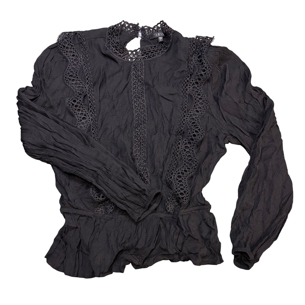 IRIS Black Lace Trim Long Sleeve Blouse Keyhole Neck Peplum Top Womens‎